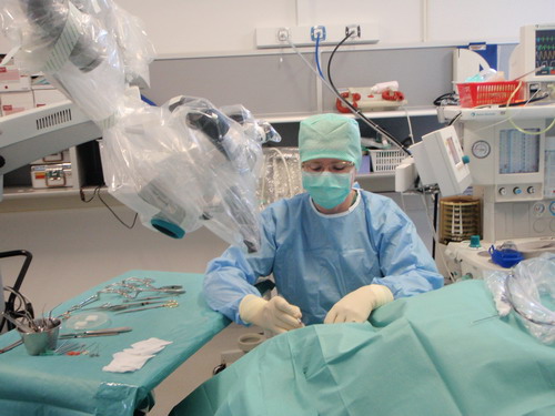 Kirurg dr Maris Suurna alustamas sisekõrva implantatsiooni operatsiooni. Foto: kõrvakliiniku arhiiv.