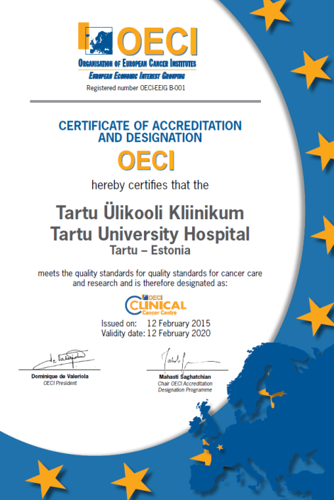 SA Tartu Ülikooli Kliinikum on rahvusvaheliselt akrediteeritud kliiniline vähikeskus