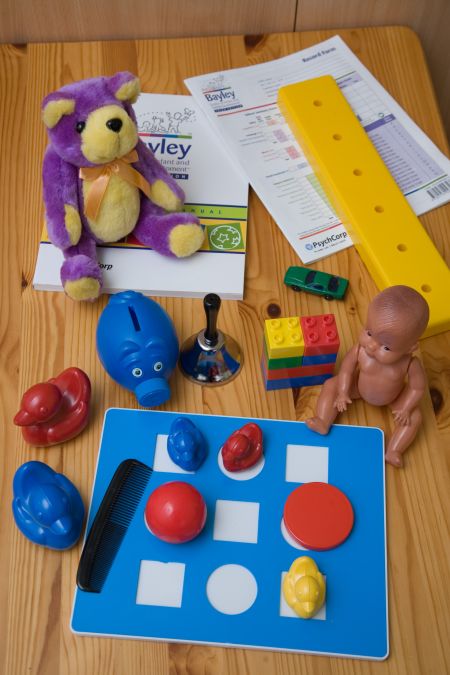 Bayley-III testi töövahendite komplekt, mida kasutatakse laste vaimse arengu hindamiseks. Foto: Jaak Nilson.